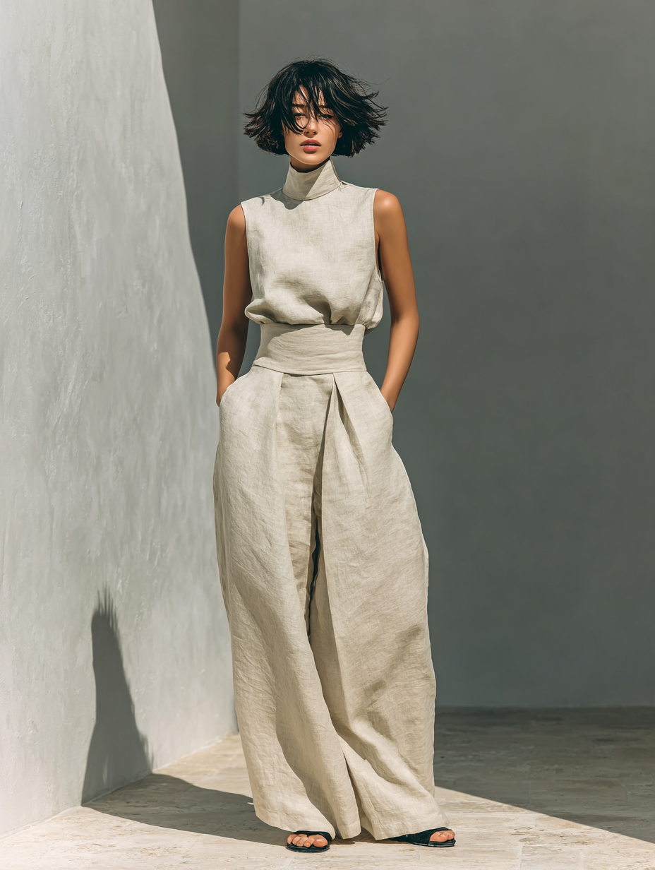 Linen Mock Neck Sleeveless Co-Ord Set - Relaxed Fit