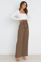 Linen High Waist Wide-Leg Trousers Tie Belt - Classic Fit
