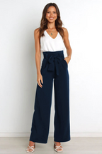 Linen High Waist Wide-Leg Trousers Tie Belt - Classic Fit