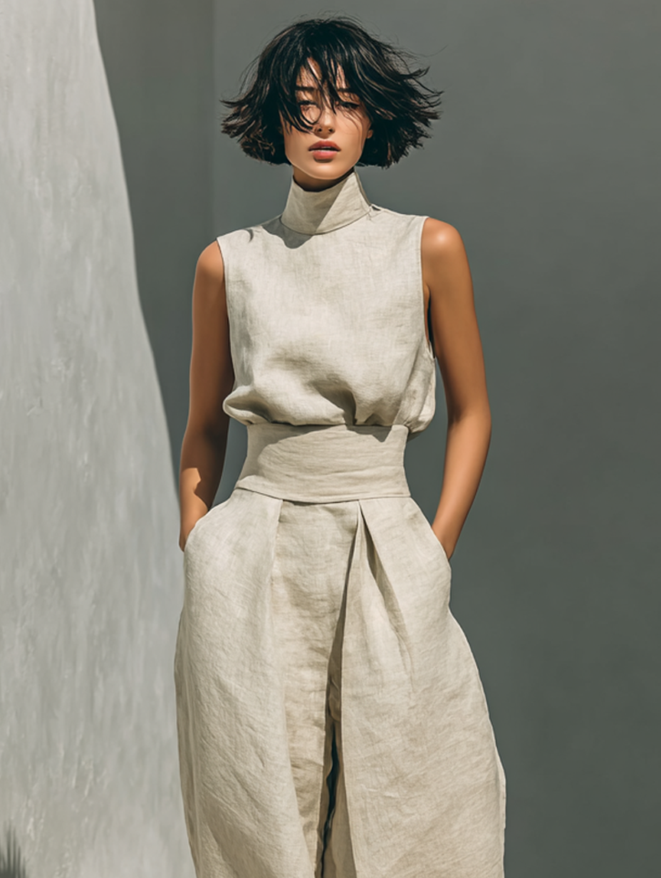 Linen Mock Neck Sleeveless Co-Ord Set - Relaxed Fit