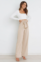 Linen High Waist Wide-Leg Trousers Tie Belt - Classic Fit