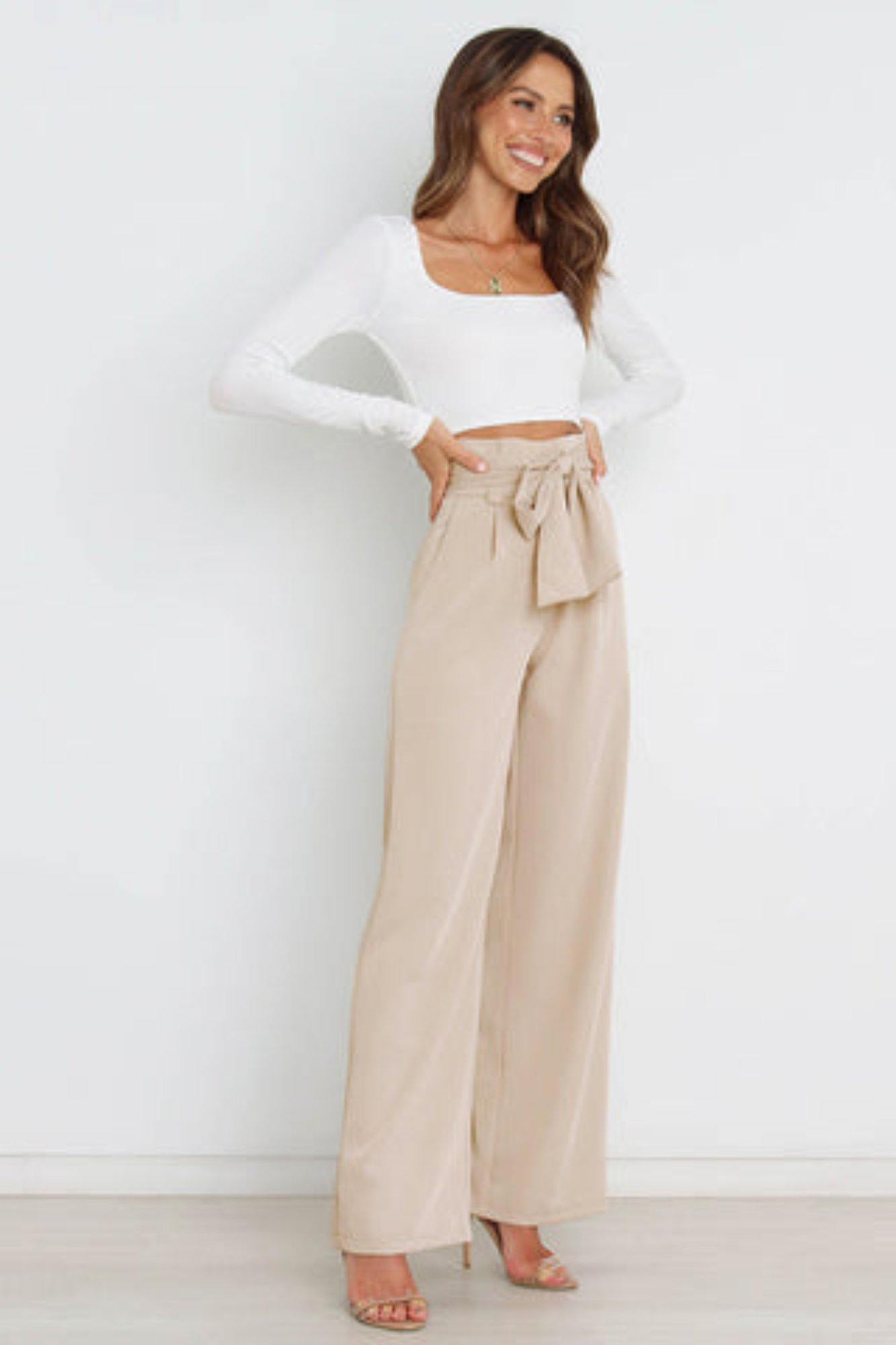 Linen High Waist Wide-Leg Trousers Tie Belt - Classic Fit