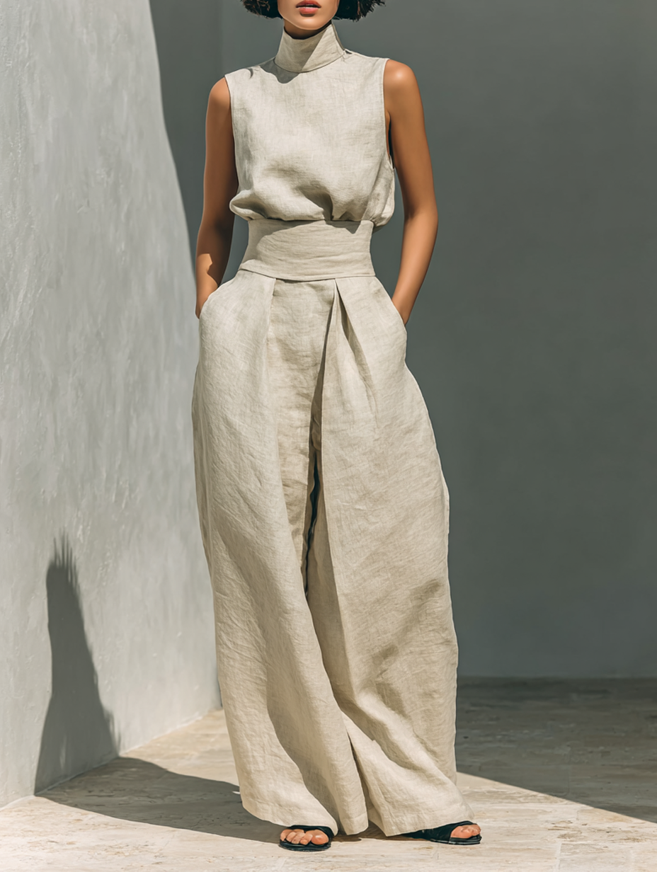 Linen Mock Neck Sleeveless Co-Ord Set - Relaxed Fit