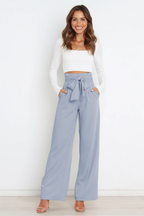 Linen High Waist Wide-Leg Trousers Tie Belt - Classic Fit