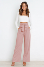 Linen High Waist Wide-Leg Trousers Tie Belt - Classic Fit