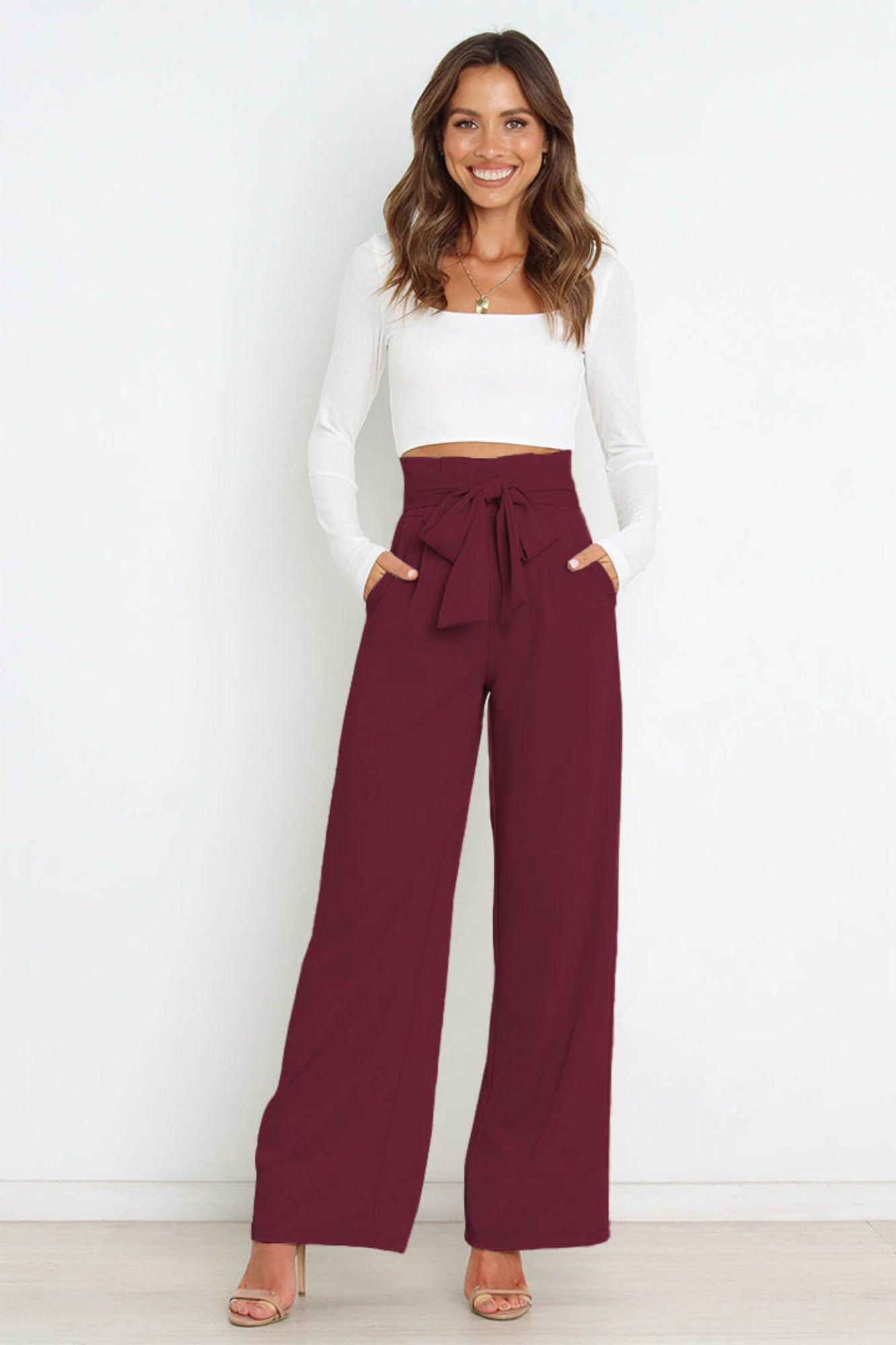 Linen High Waist Wide-Leg Trousers Tie Belt - Classic Fit