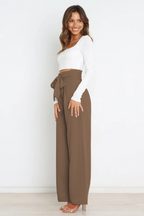 Linen High Waist Wide-Leg Trousers Tie Belt - Classic Fit