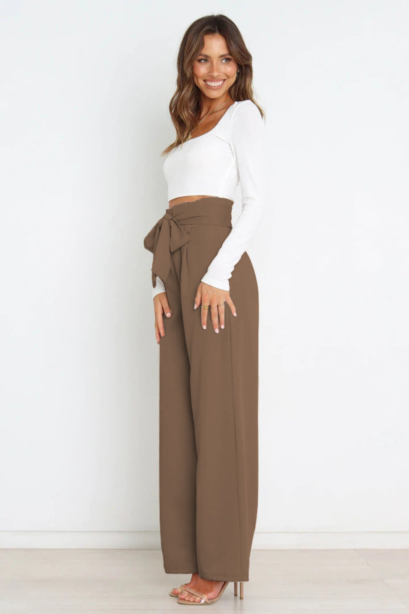 Linen High Waist Wide-Leg Trousers Tie Belt - Classic Fit