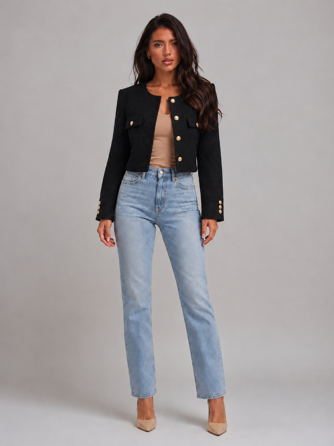 Women's Tweed Cropped Jacket – Gold Buttons