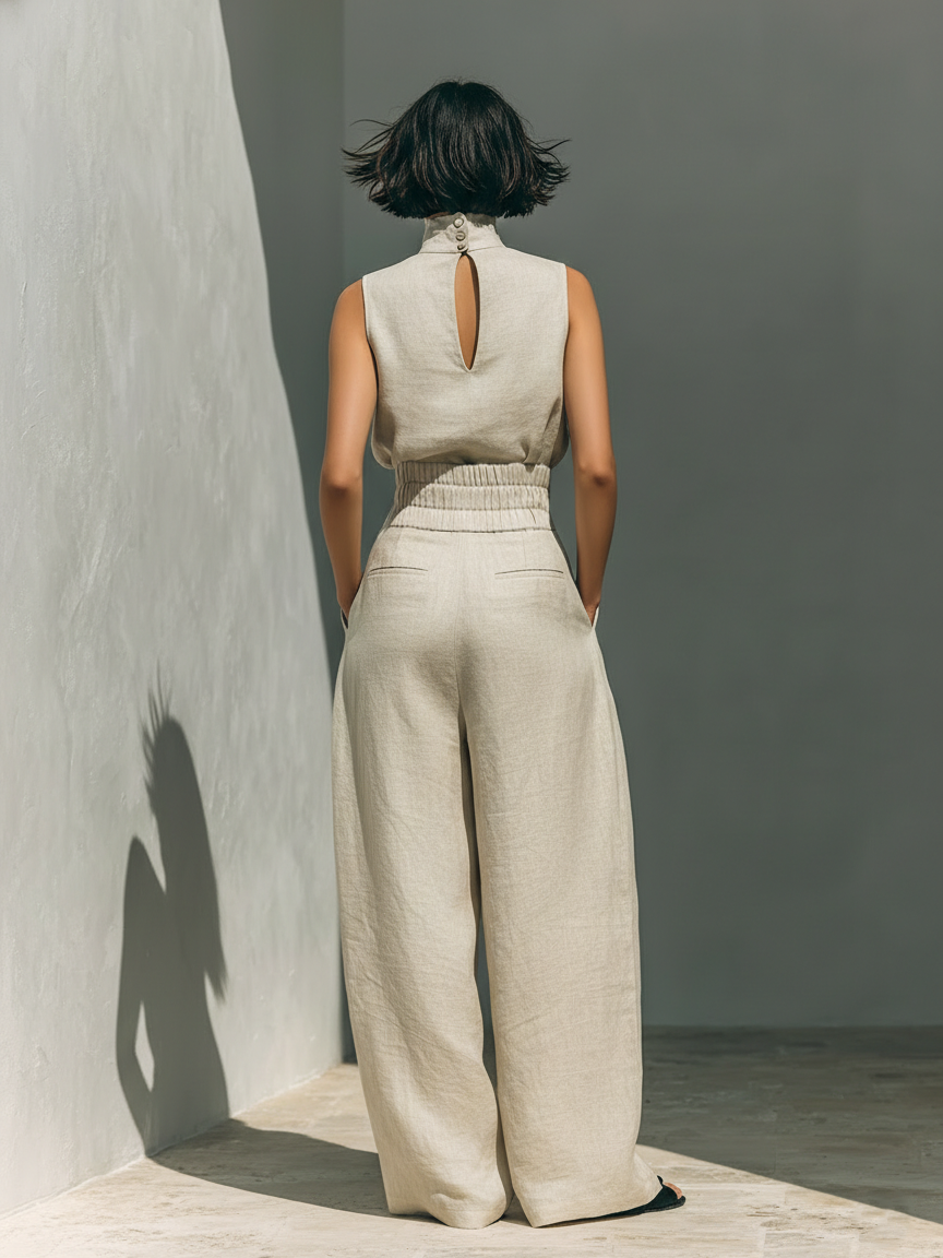 Linen Mock Neck Sleeveless Co-Ord Set - Relaxed Fit