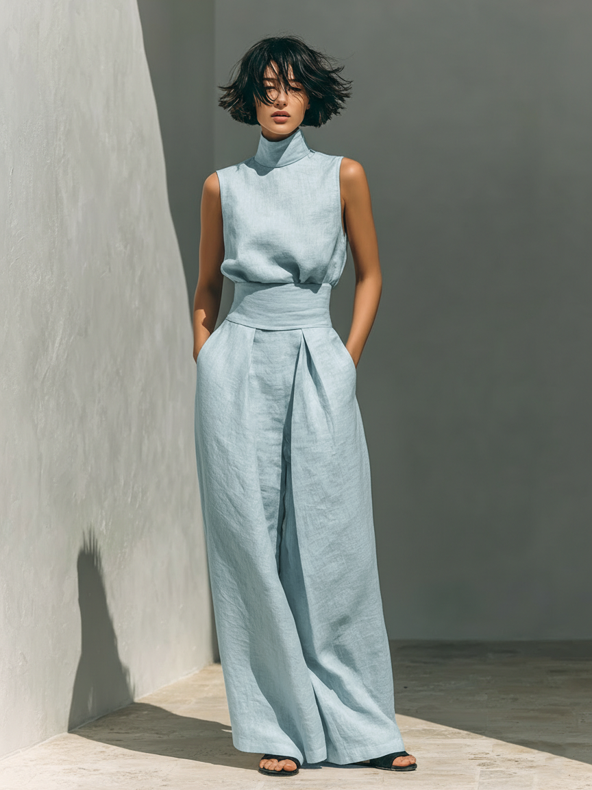 Linen Mock Neck Sleeveless Co-Ord Set - Relaxed Fit