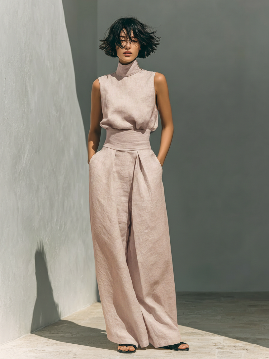 Linen Mock Neck Sleeveless Co-Ord Set - Relaxed Fit