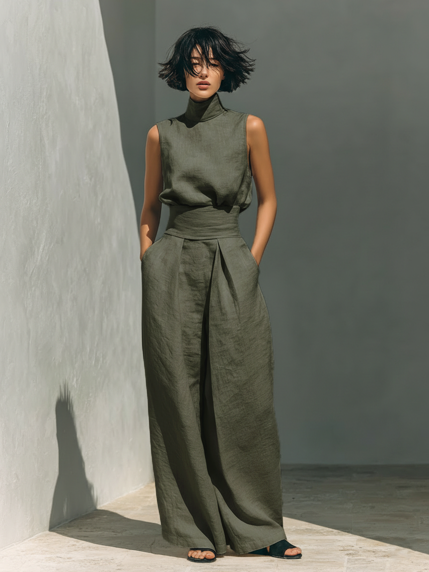 Linen Mock Neck Sleeveless Co-Ord Set - Relaxed Fit