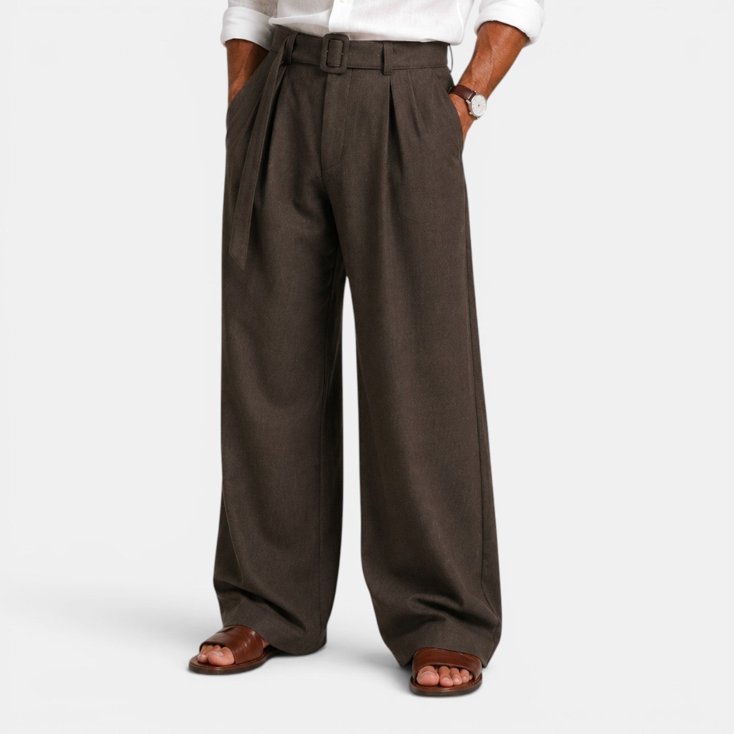 Pleated Trousers Belt Buckle High Waist - Relaxed Fit
