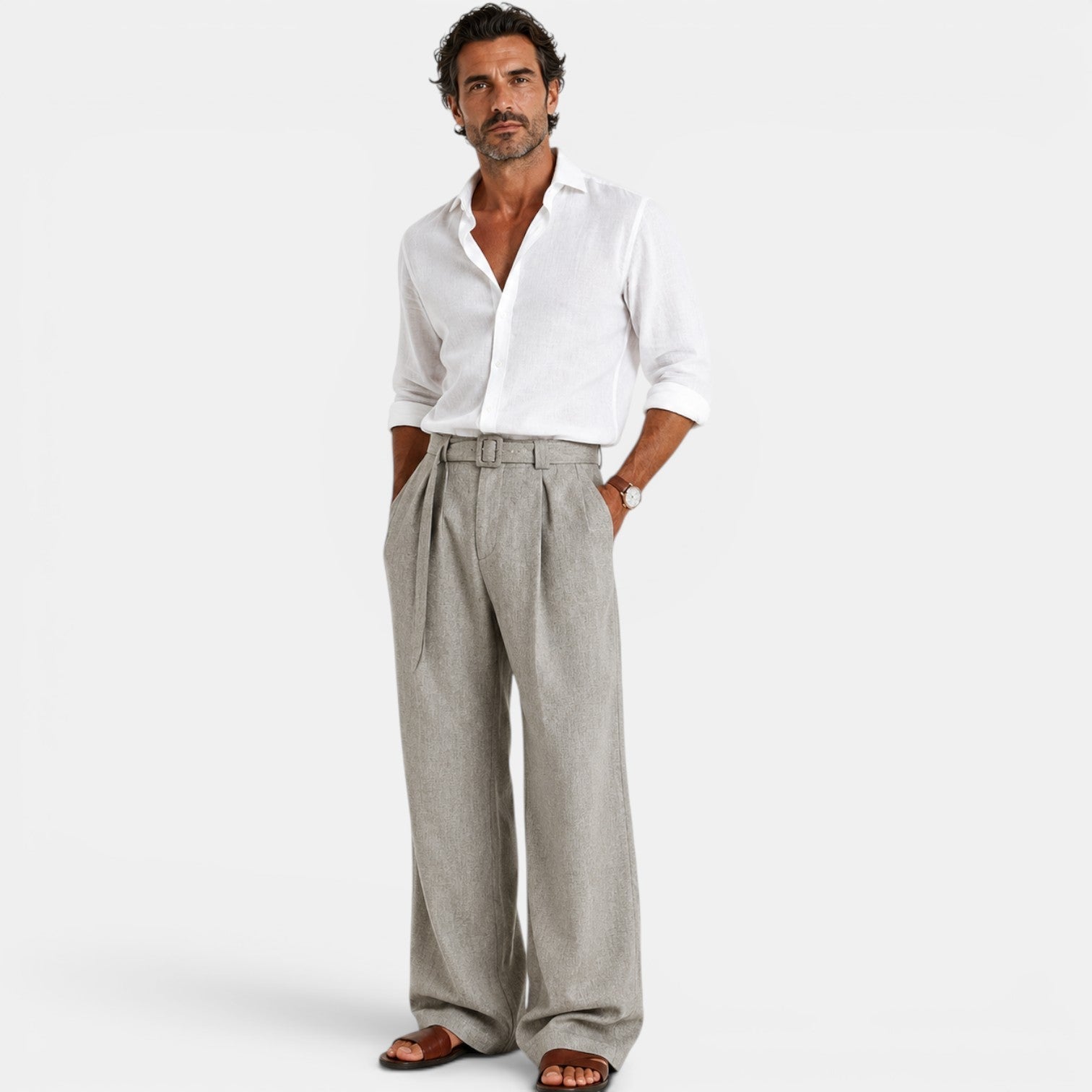 Pleated Trousers Belt Buckle High Waist - Relaxed Fit