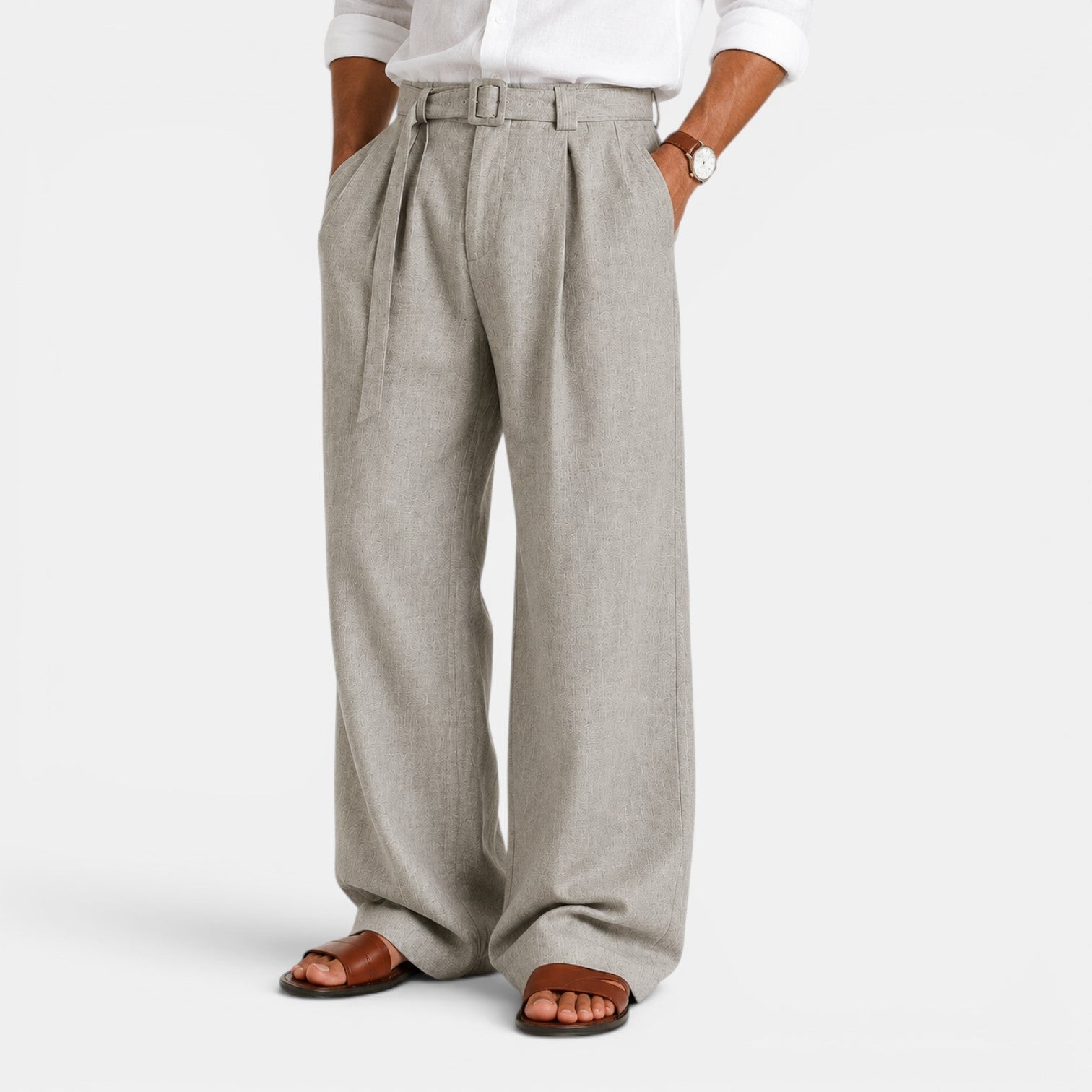 Pleated Trousers Belt Buckle High Waist - Relaxed Fit