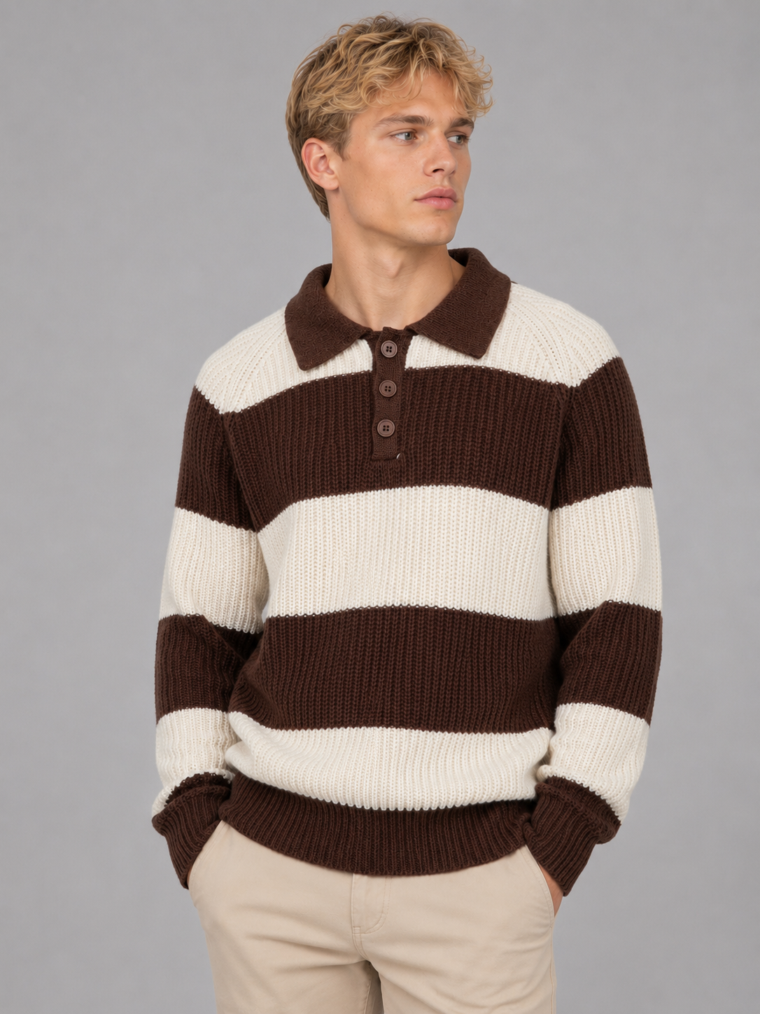Men's Striped Ribbed Polo Sweater – Relaxed Fit