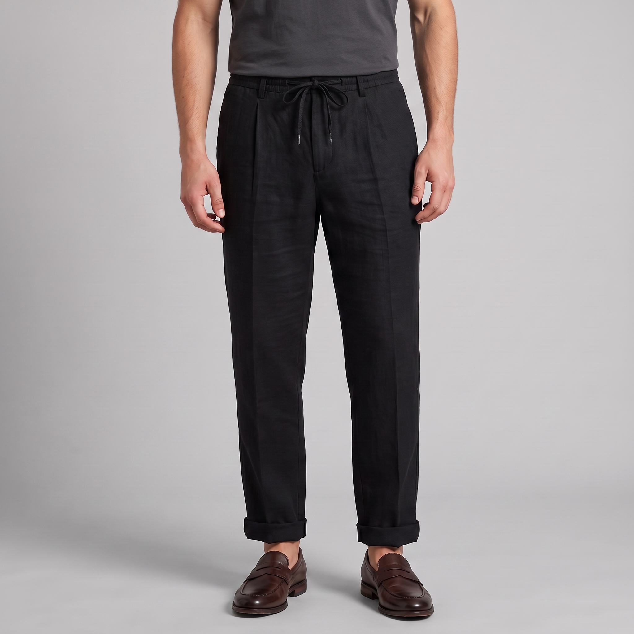 Linen Pleated Drawstring Trousers - Relaxed Fit
