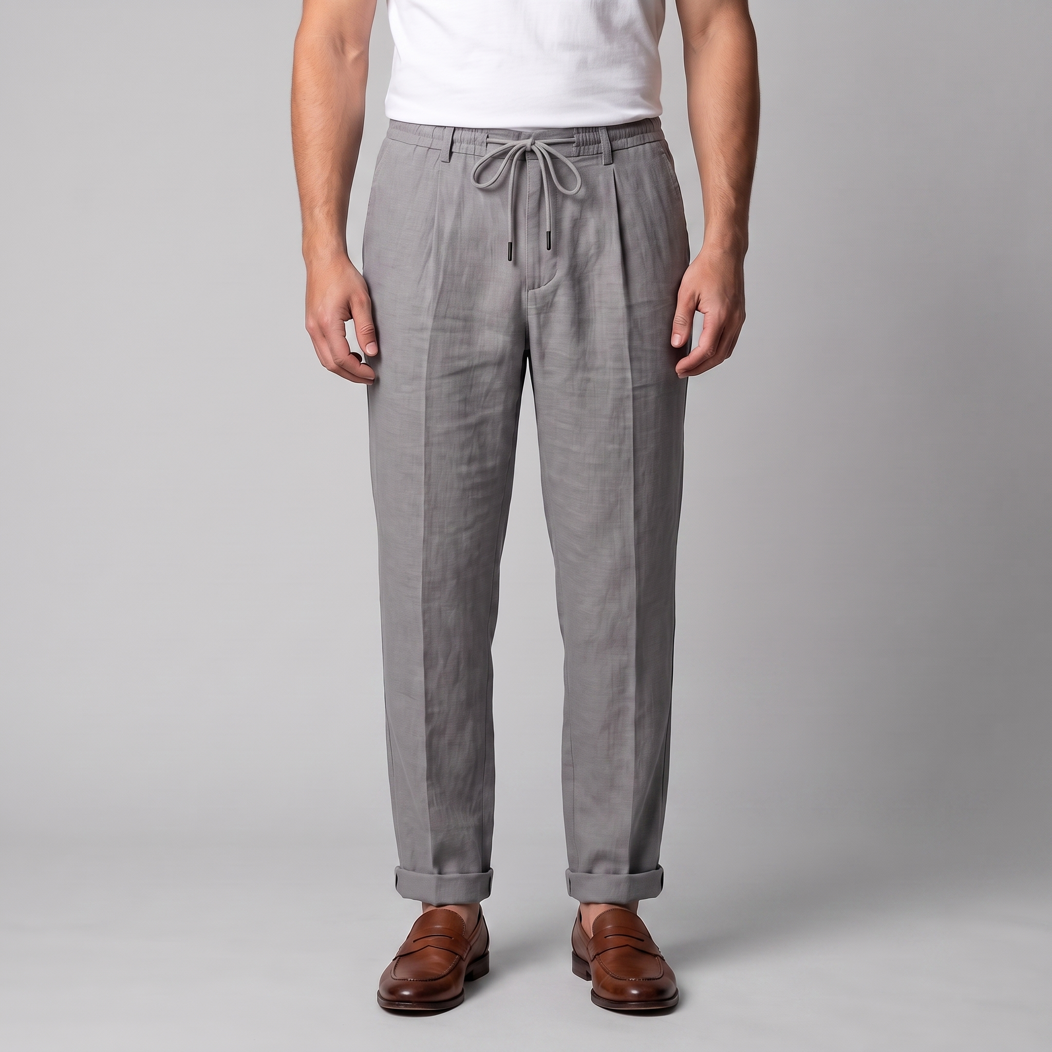 Linen Pleated Drawstring Trousers - Relaxed Fit