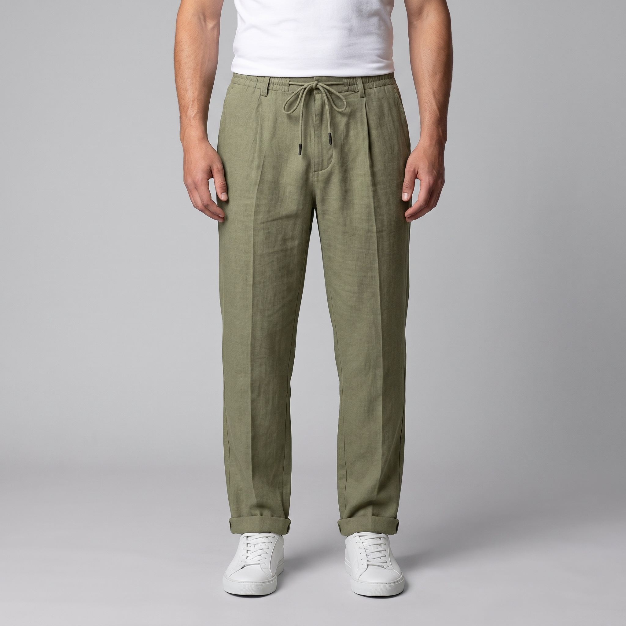Linen Pleated Drawstring Trousers - Relaxed Fit
