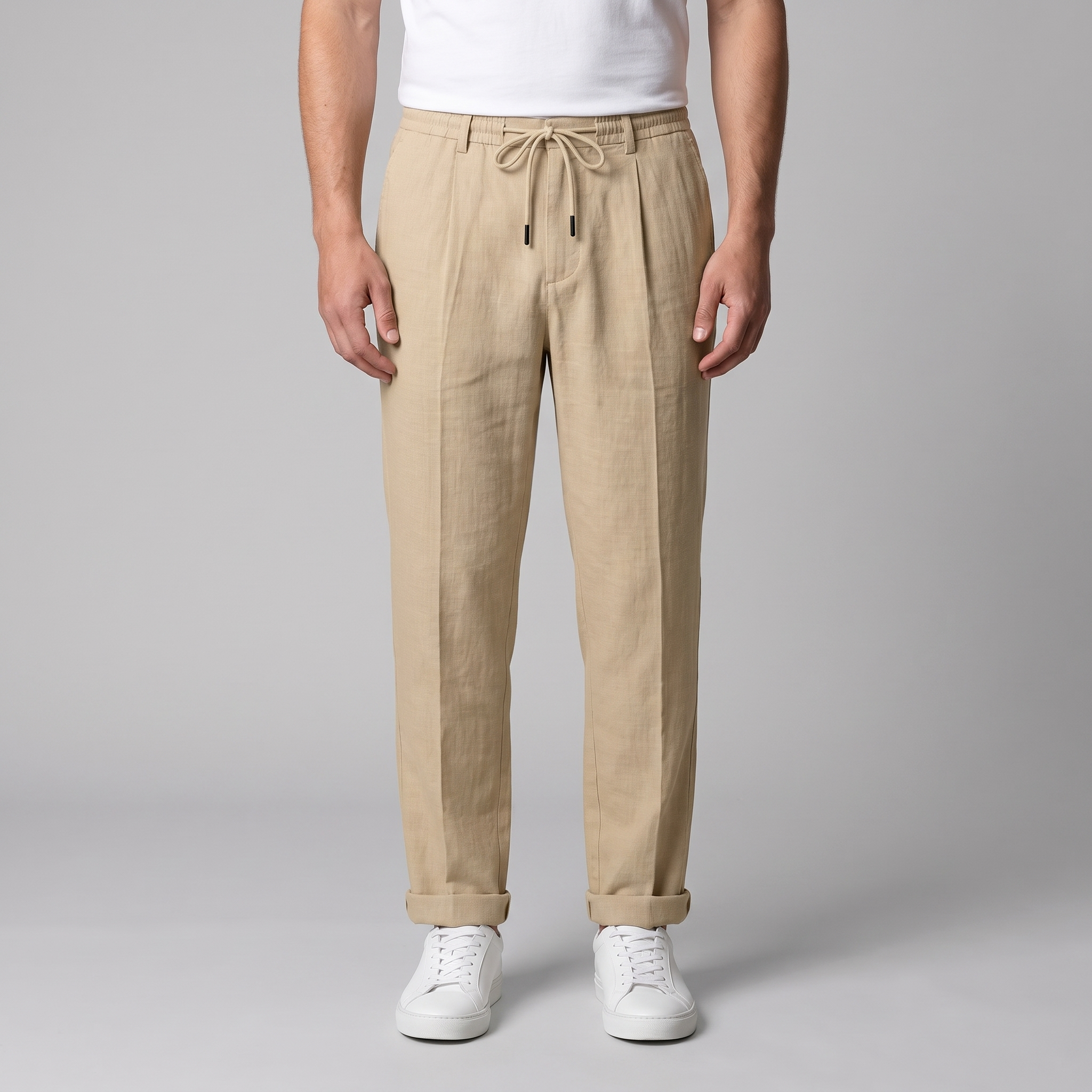 Linen Pleated Drawstring Trousers - Relaxed Fit