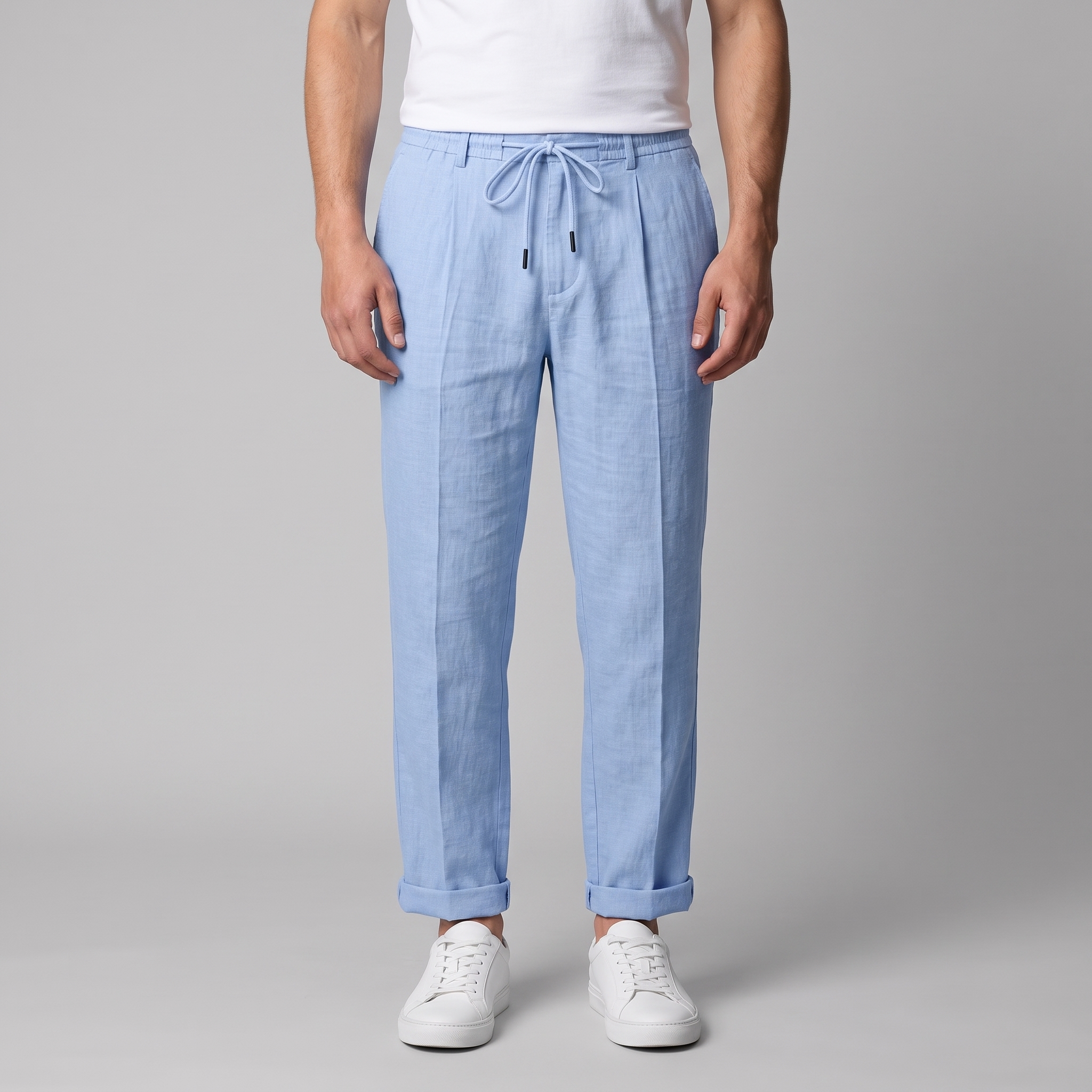 Linen Pleated Drawstring Trousers - Relaxed Fit