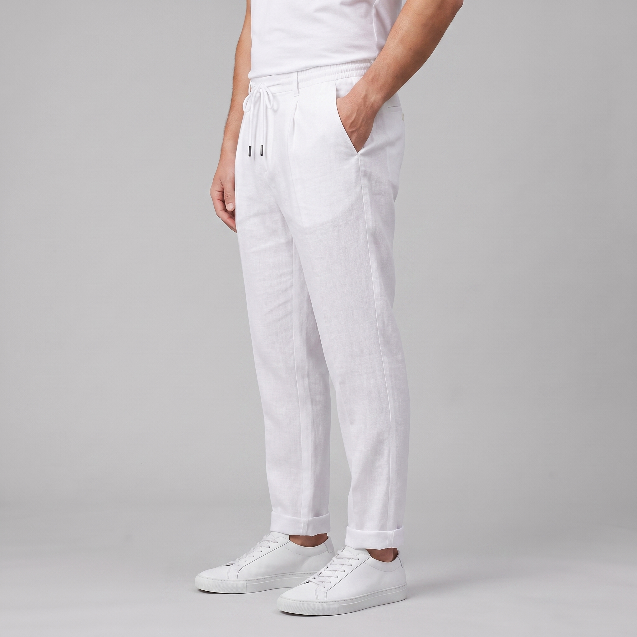 Linen Pleated Drawstring Trousers - Relaxed Fit