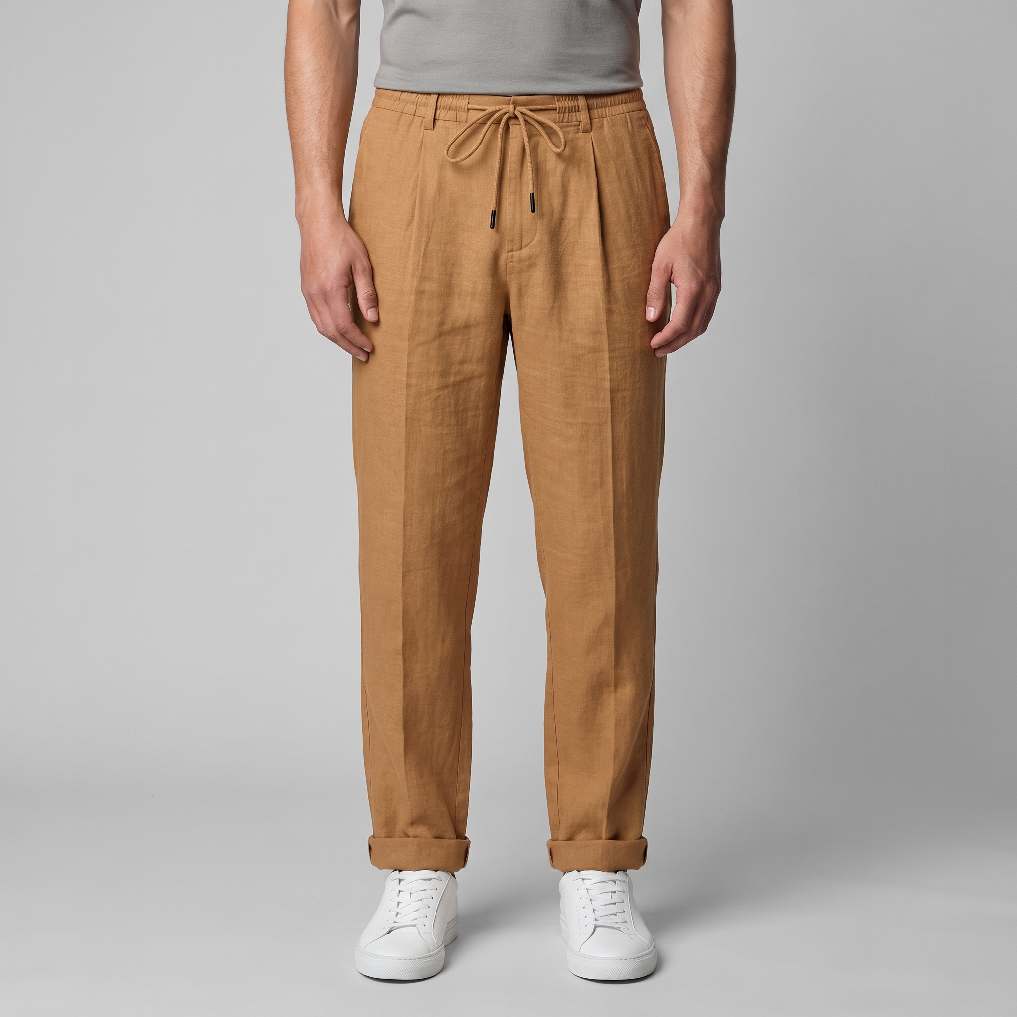 Linen Pleated Drawstring Trousers - Relaxed Fit