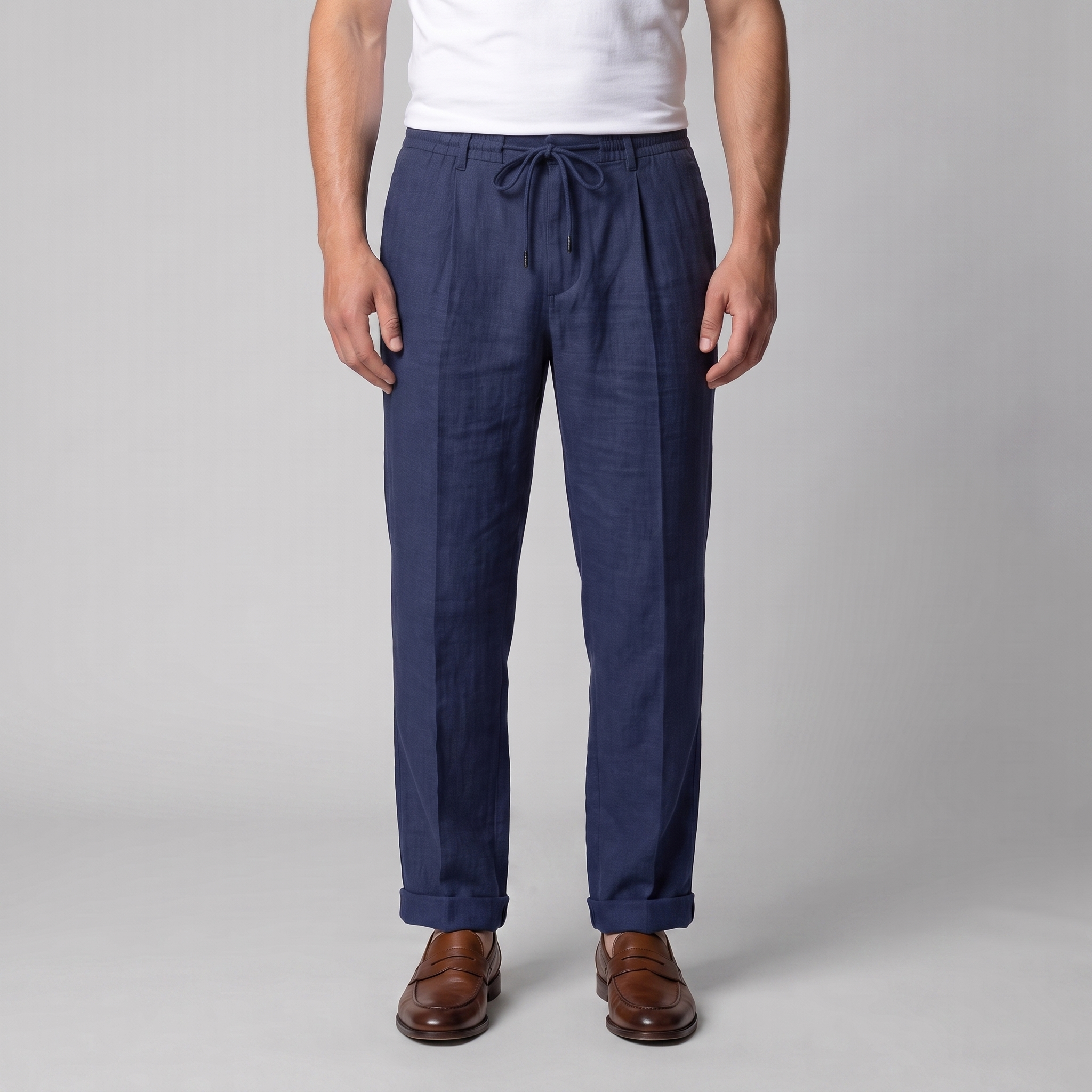 Linen Pleated Drawstring Trousers - Relaxed Fit