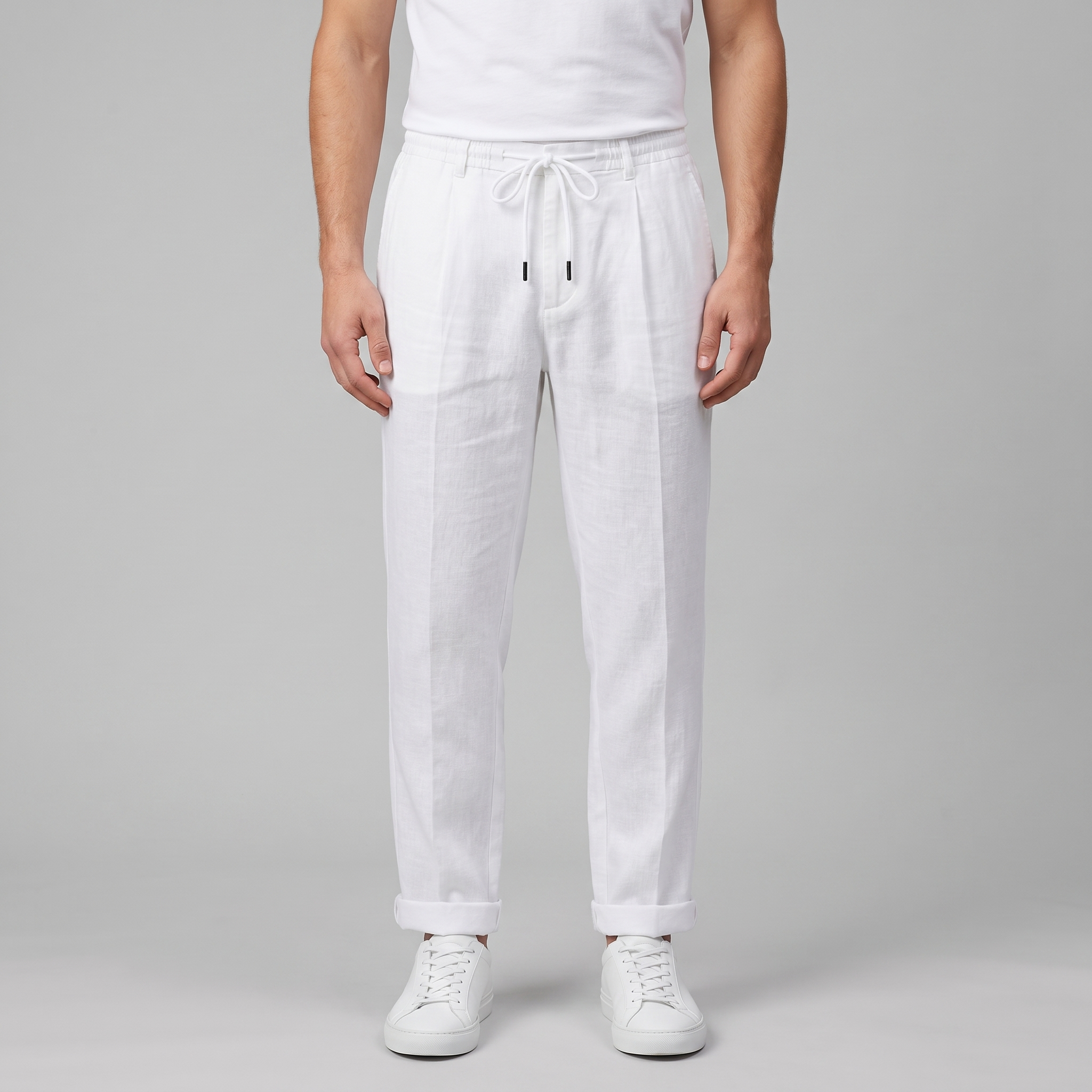 Linen Pleated Drawstring Trousers - Relaxed Fit
