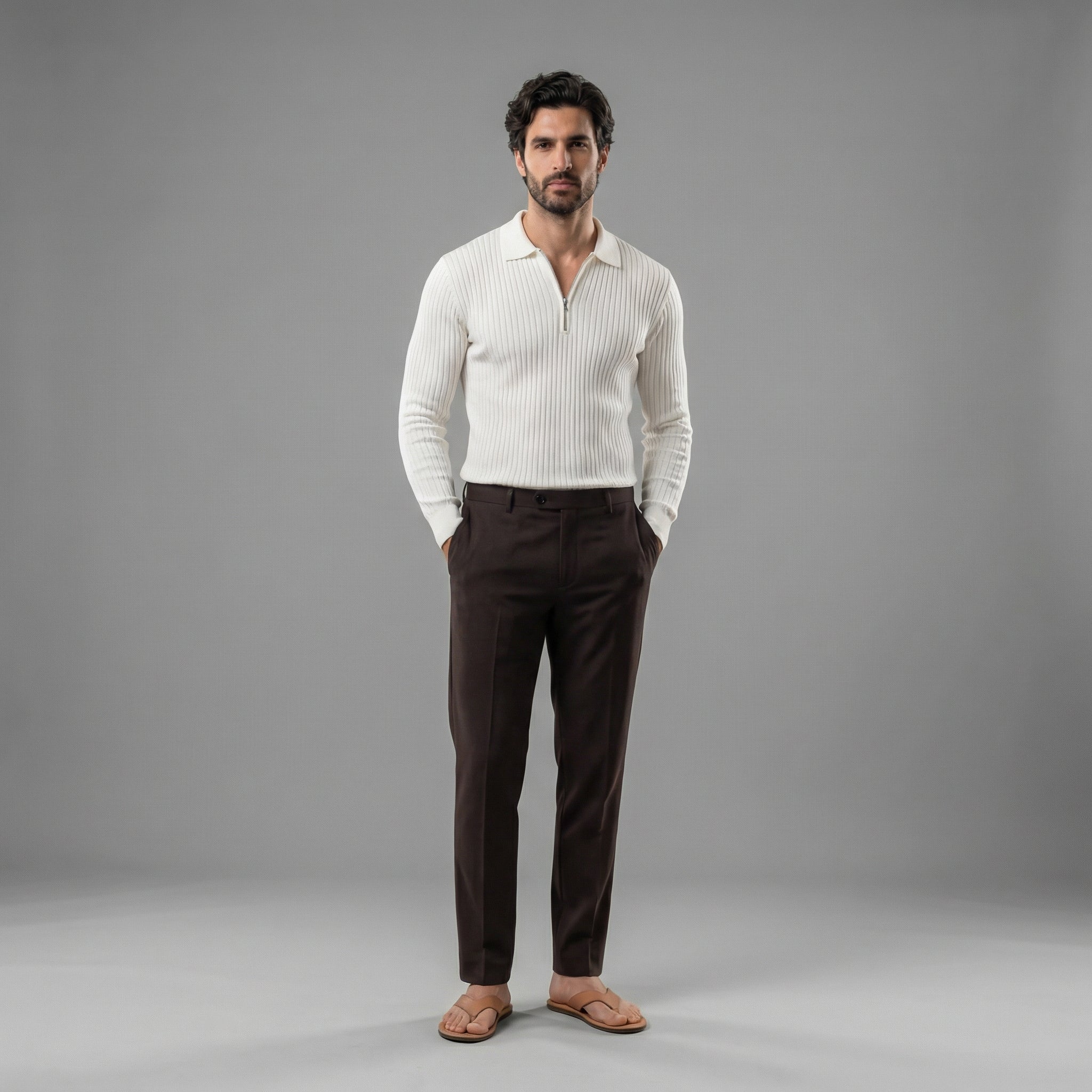Ribbed Knit Polo Collar Half-Zip Sweater - Slim Fit