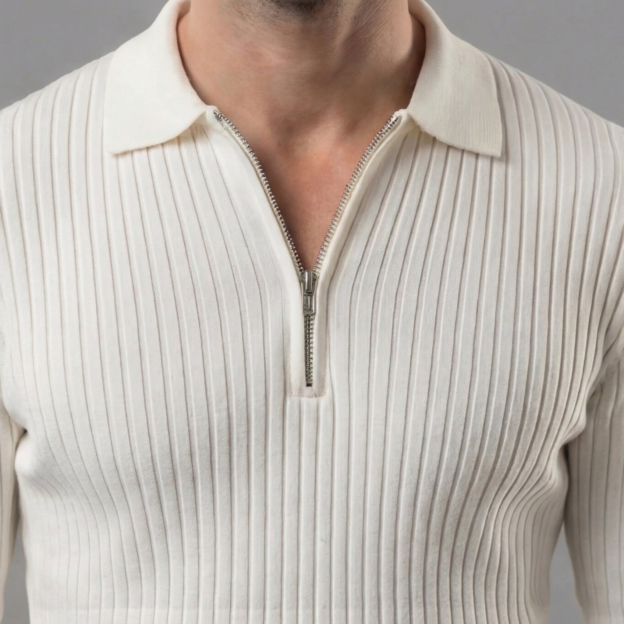Ribbed Knit Polo Collar Half-Zip Sweater - Slim Fit