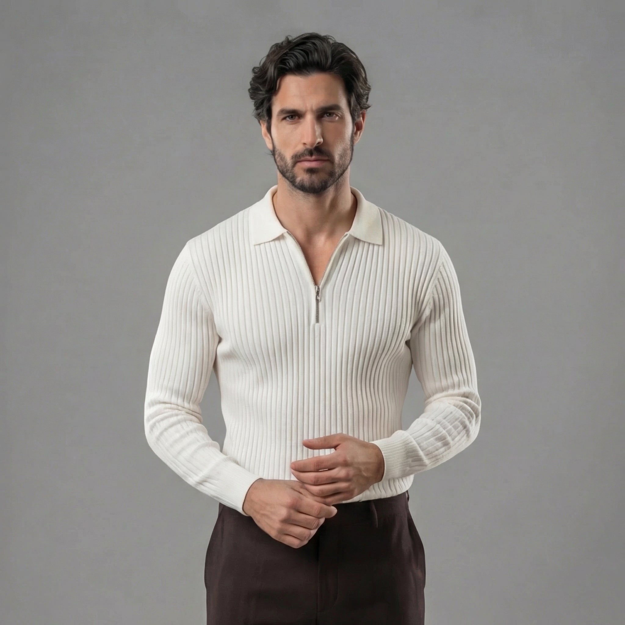 Ribbed Knit Polo Collar Half-Zip Sweater - Slim Fit