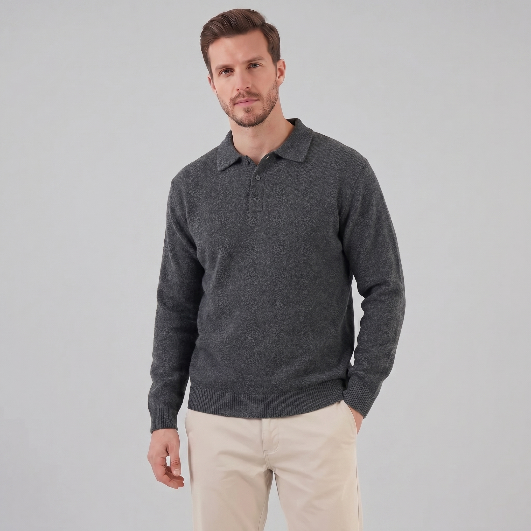 Polo Collar Knit Sweater Button Placket - Relaxed Fit