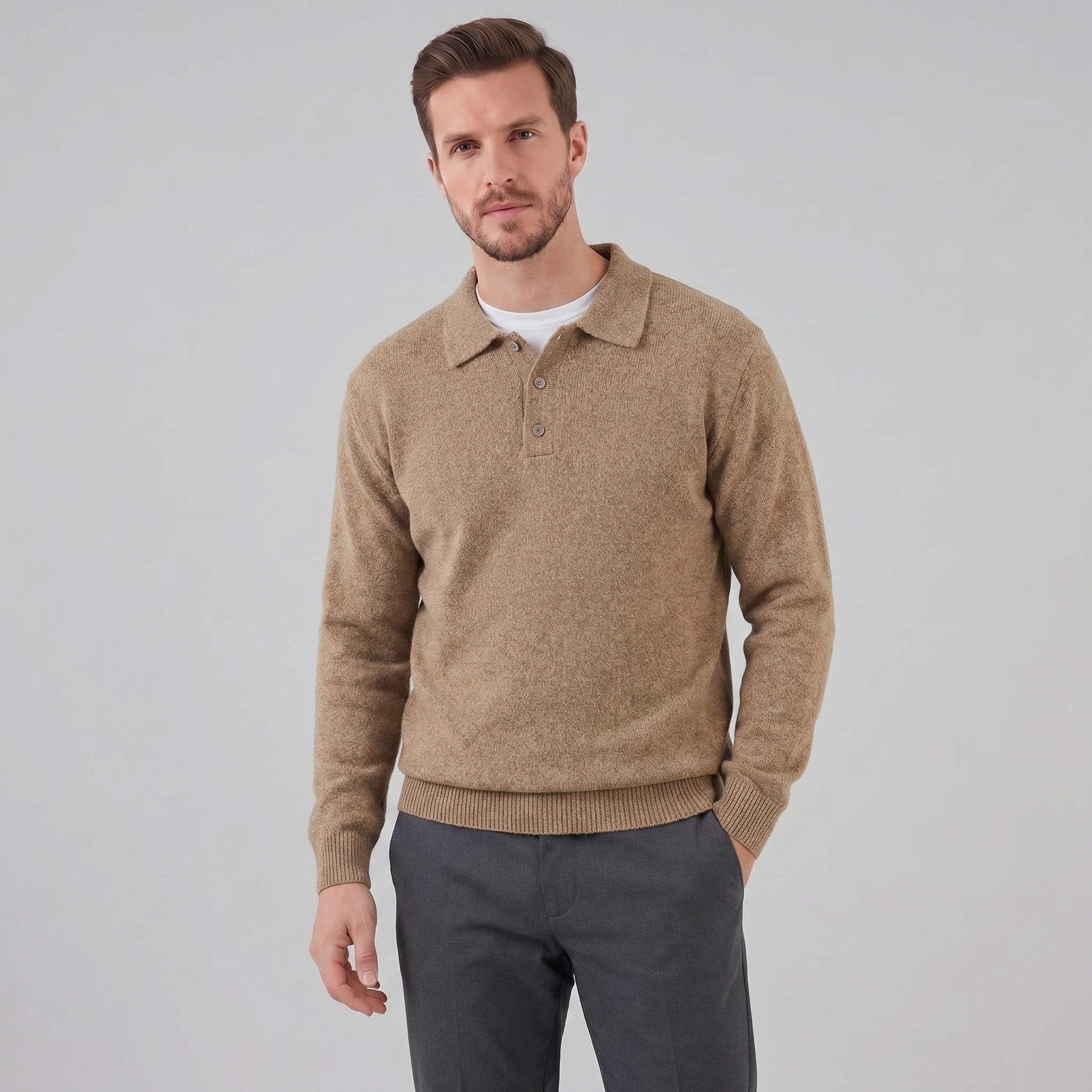 Polo Collar Knit Sweater Button Placket - Relaxed Fit