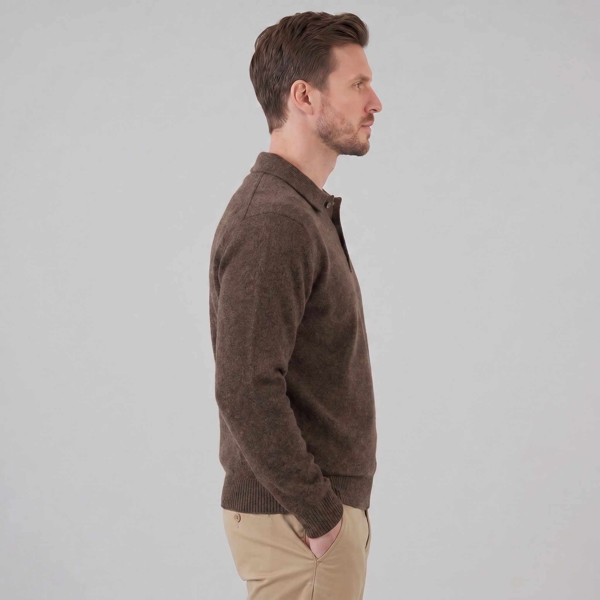 Polo Collar Knit Sweater Button Placket - Relaxed Fit
