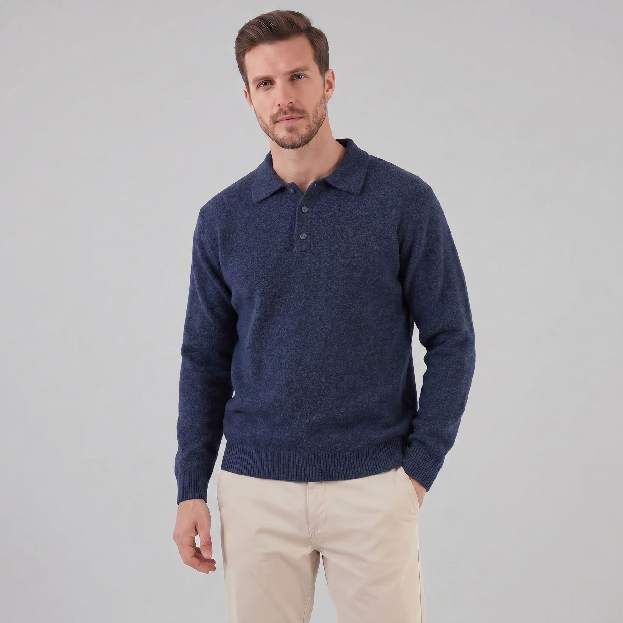 Polo Collar Knit Sweater Button Placket - Relaxed Fit