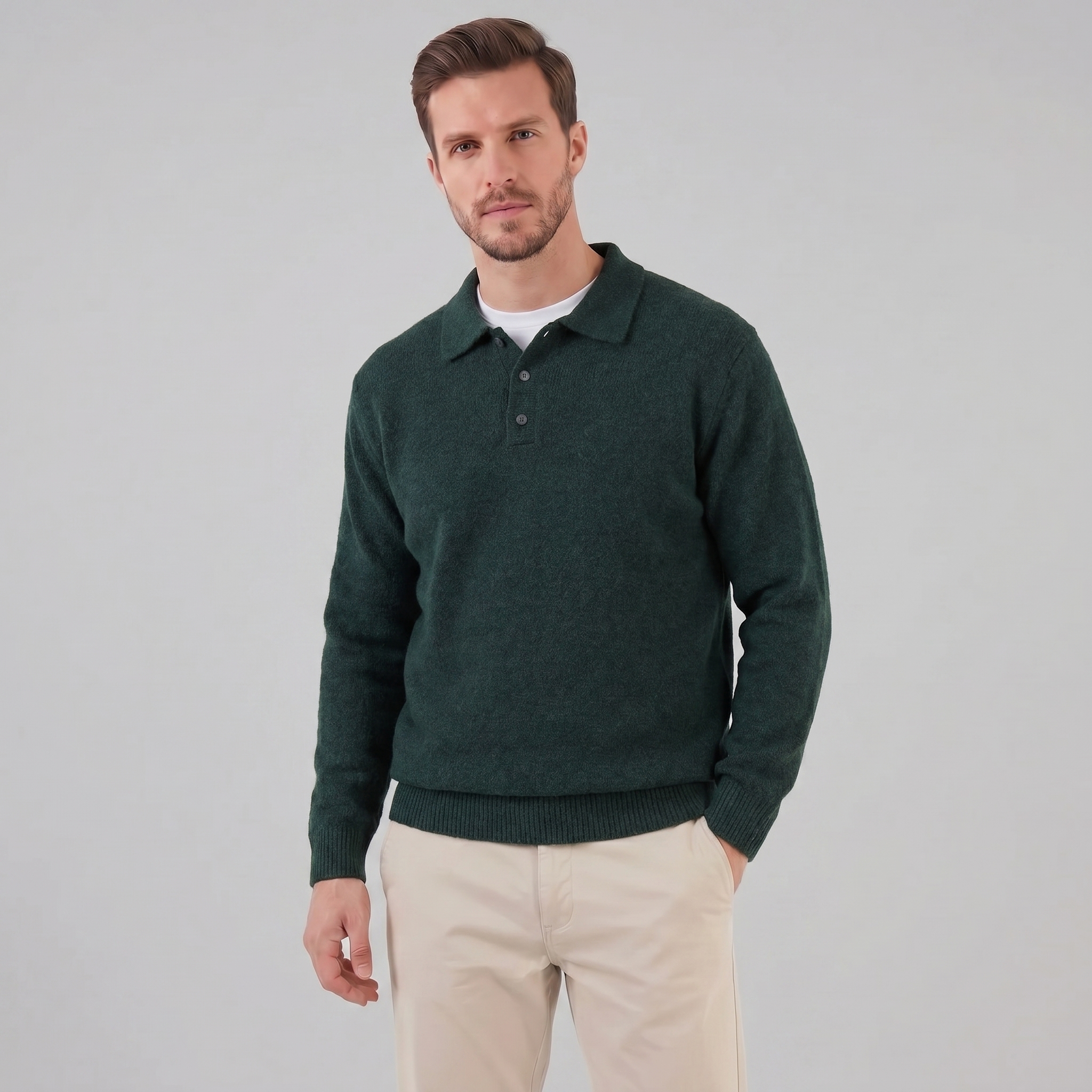 Polo Collar Knit Sweater Button Placket - Relaxed Fit