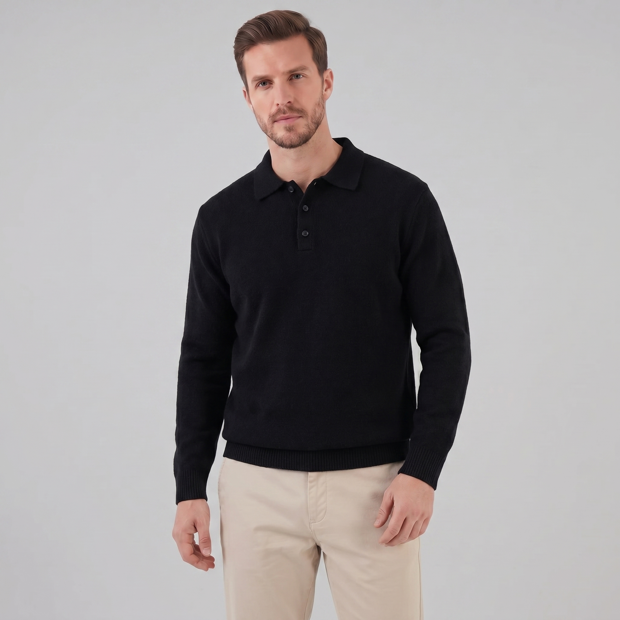 Polo Collar Knit Sweater Button Placket - Relaxed Fit
