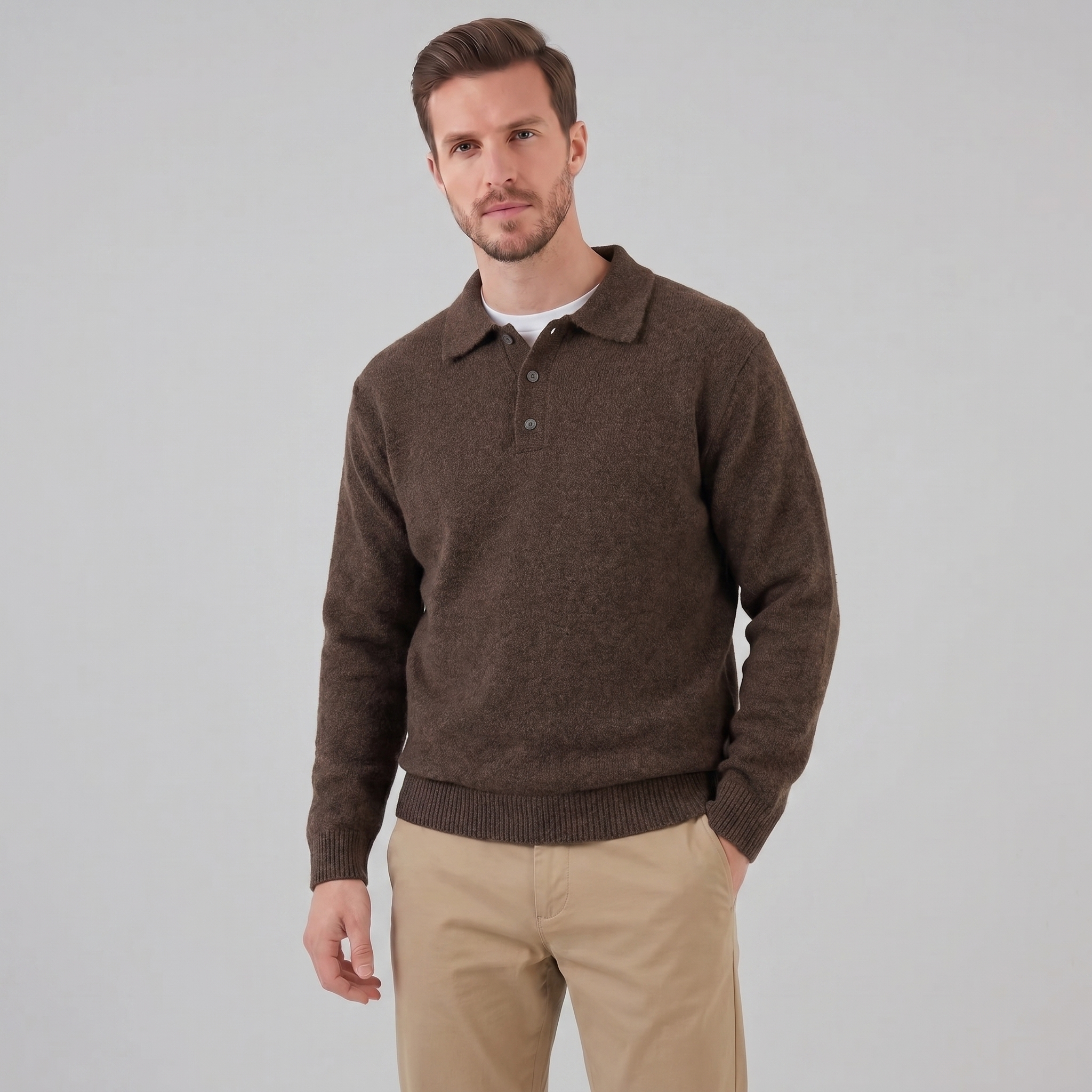 Polo Collar Knit Sweater Button Placket - Relaxed Fit