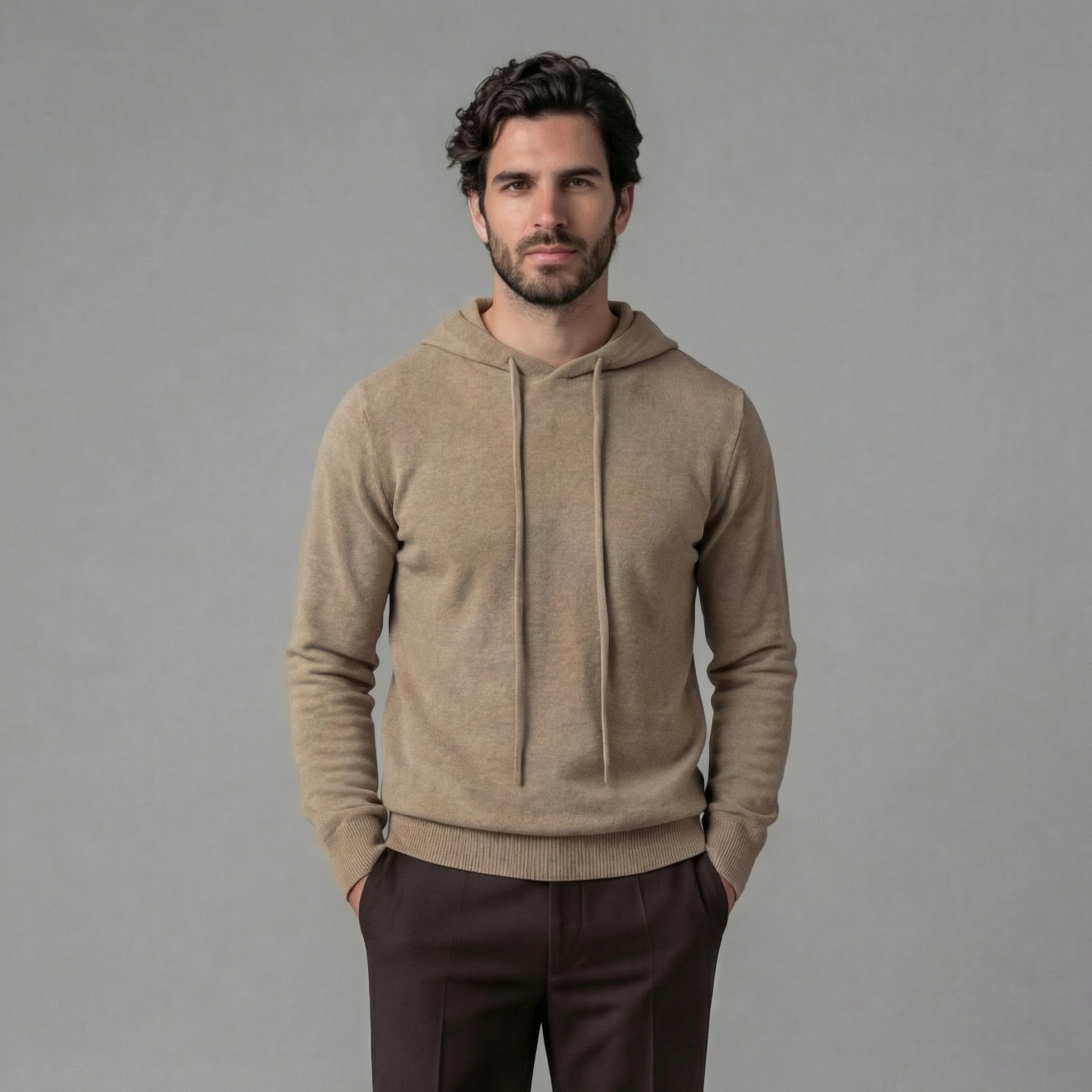 Fine Knit Hoodie Pullover Sweater Drawstring - Relaxed Fit