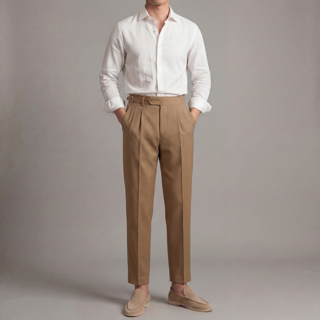Double Pleat High Waist Tailored Trousers - Tapered Fit