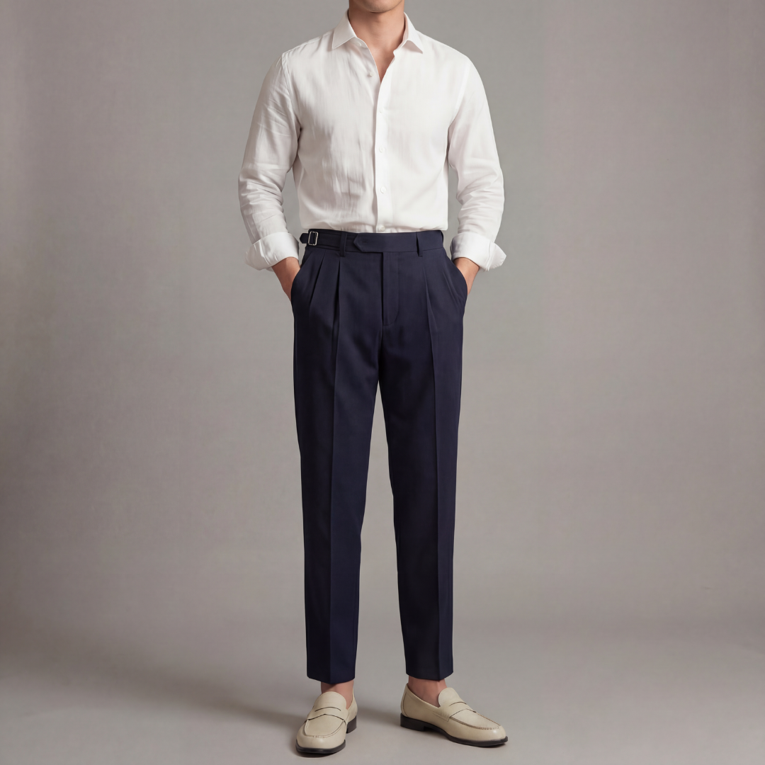 Double Pleat High Waist Tailored Trousers - Tapered Fit