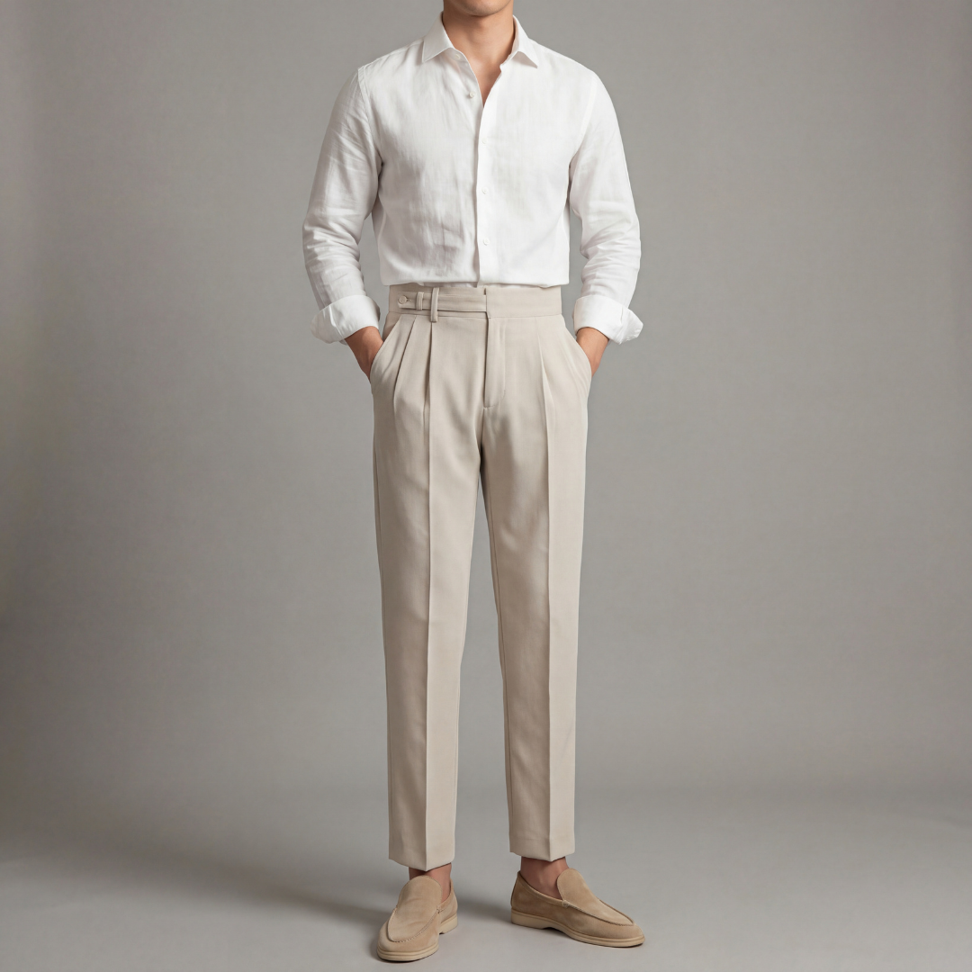 Double Pleat High Waist Tailored Trousers - Tapered Fit