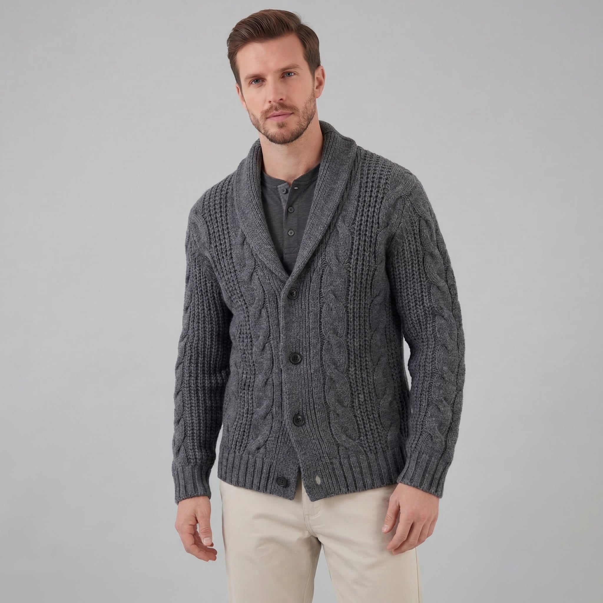 Cable Knit Shawl Collar Cardigan - Relaxed Fit