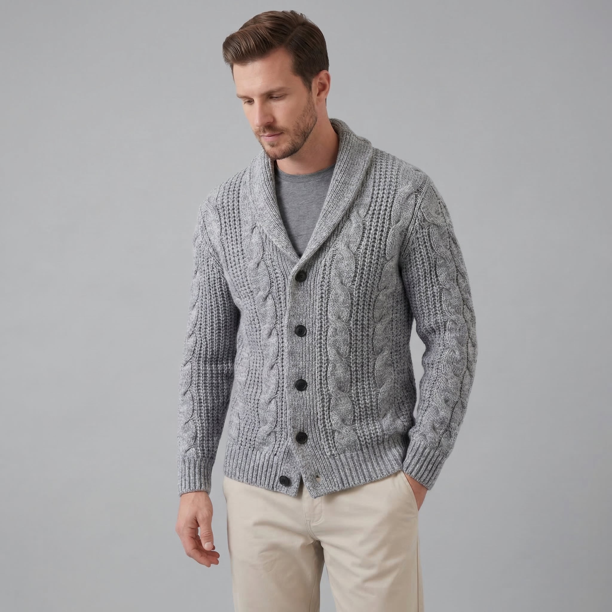 Cable Knit Shawl Collar Cardigan - Relaxed Fit