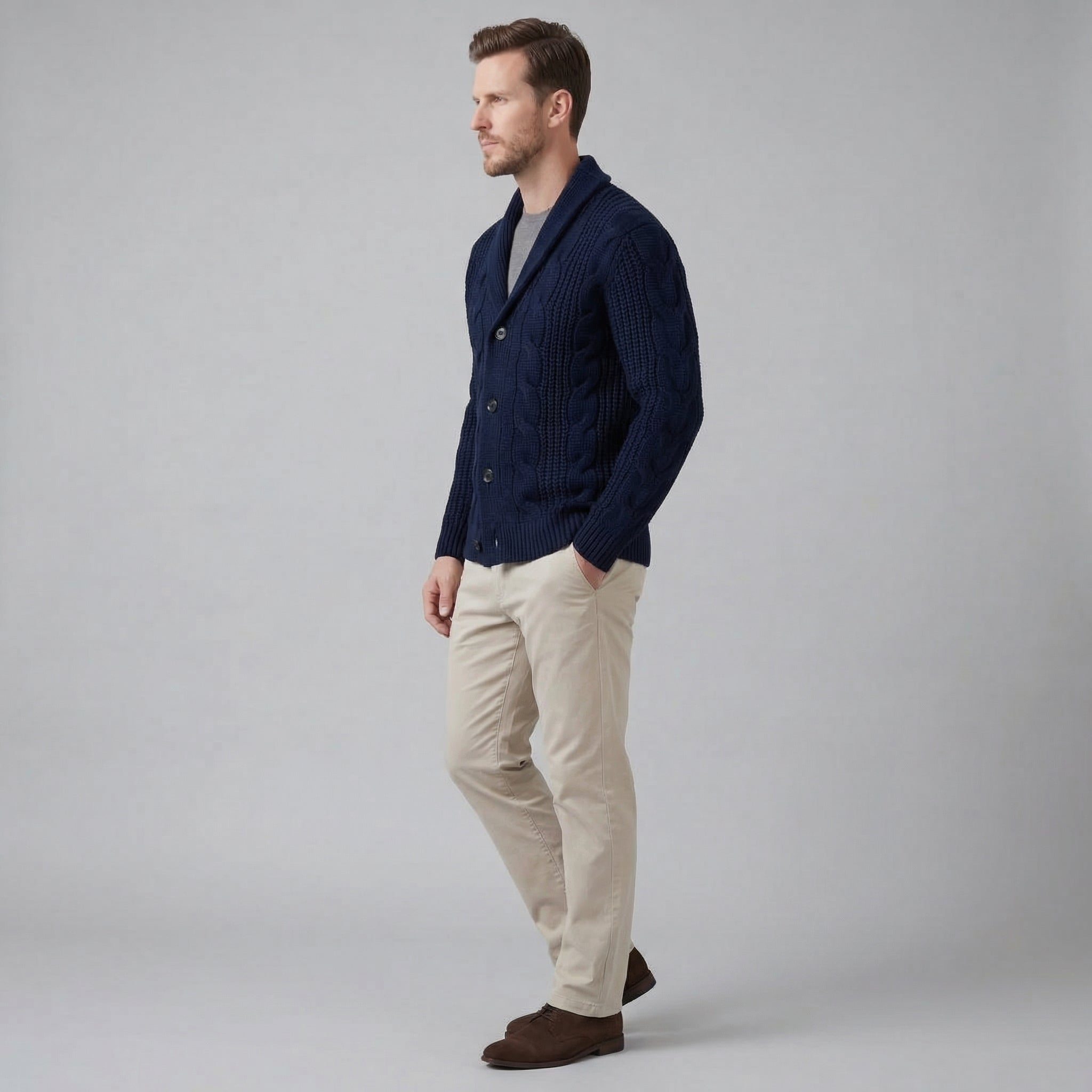 Cable Knit Shawl Collar Cardigan - Relaxed Fit