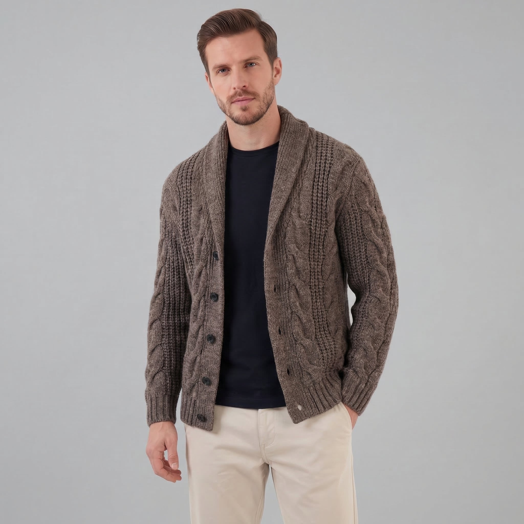 Cable Knit Shawl Collar Cardigan - Relaxed Fit