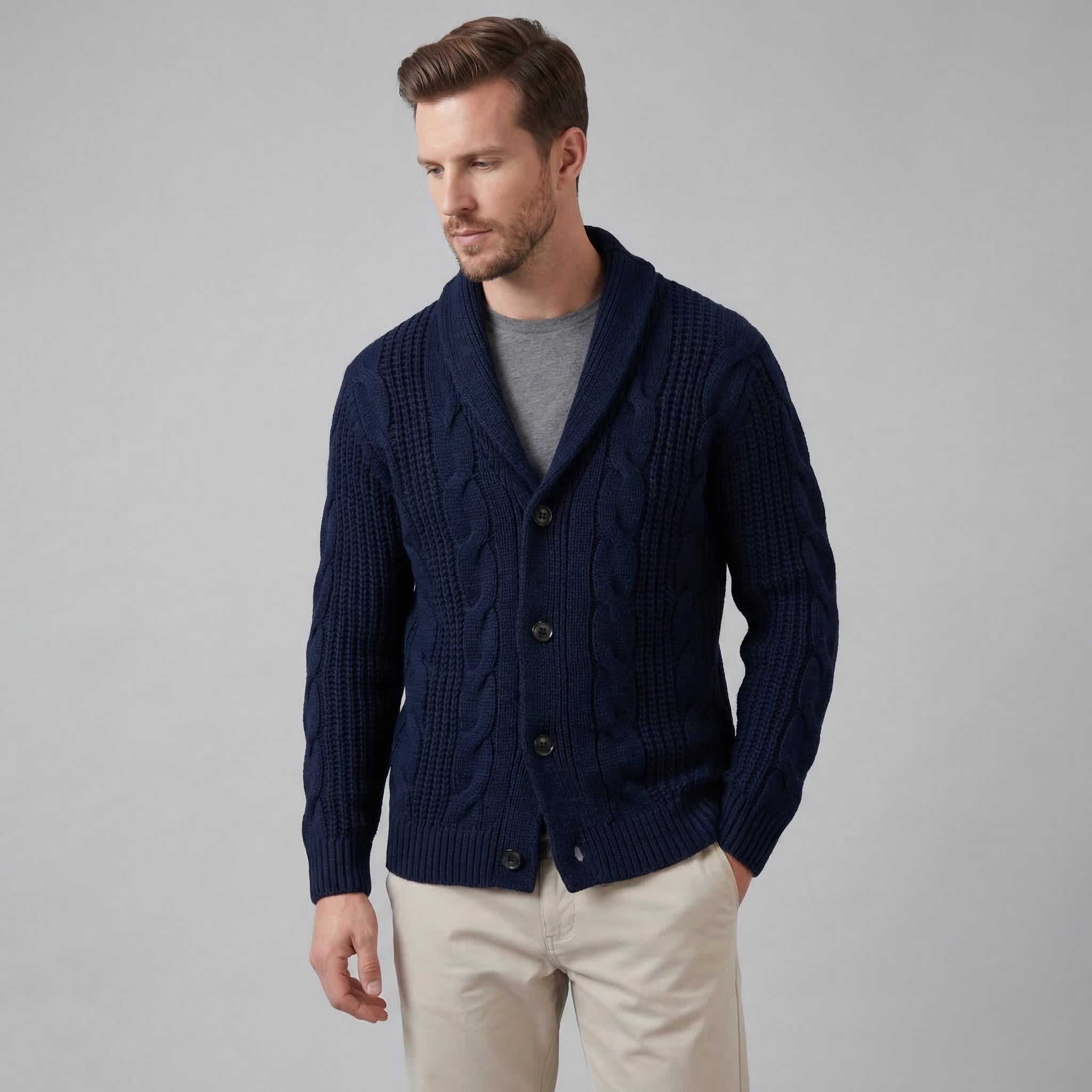 Cable Knit Shawl Collar Cardigan - Relaxed Fit