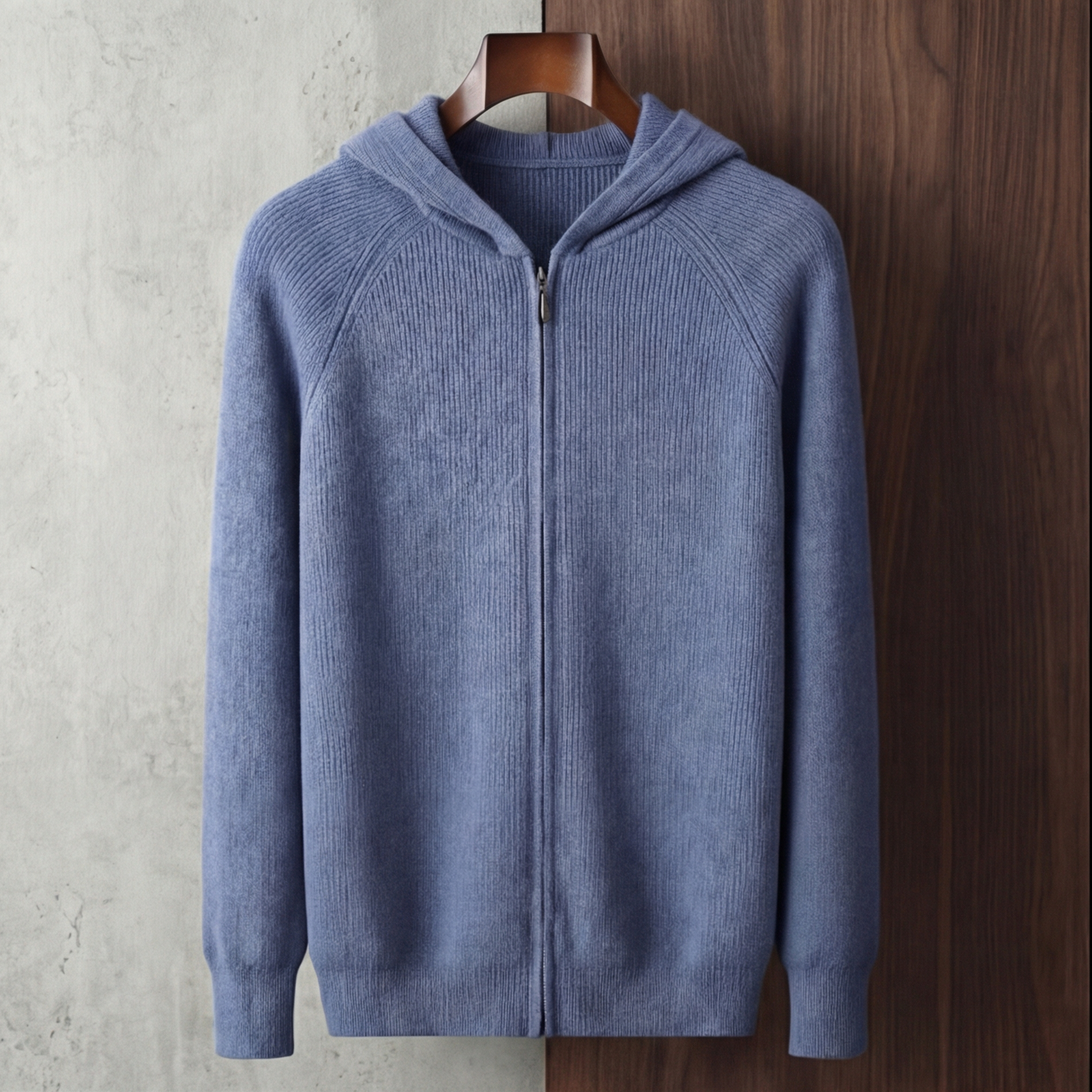Wool Ribbed Knit Zip-Up Hoodie - Relaxed Fit